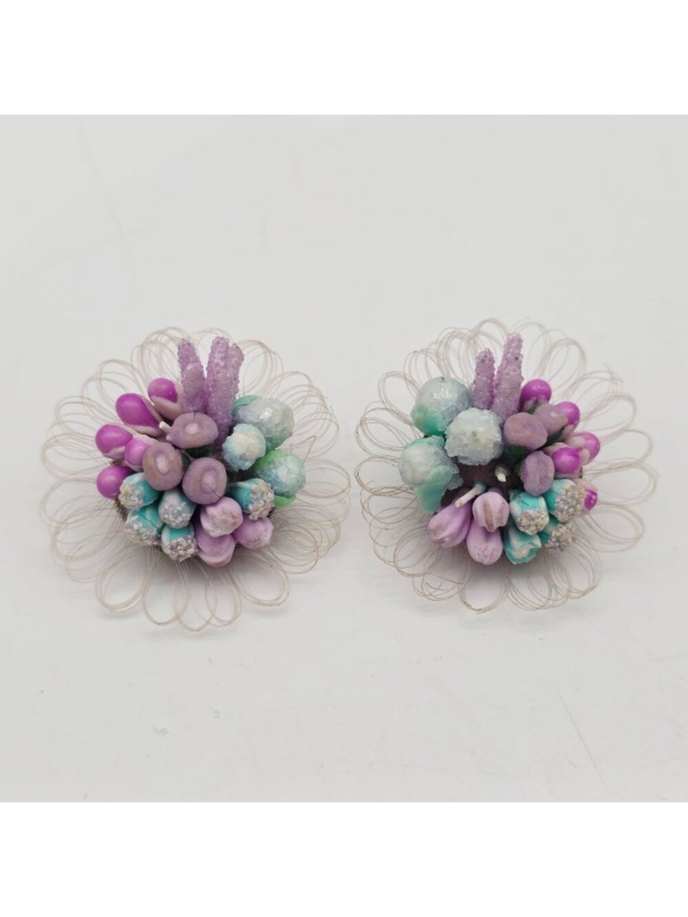 Western Germany Clip-On Earrings Pastel Floral Beaded Lavender & Aqua Gold-Tone